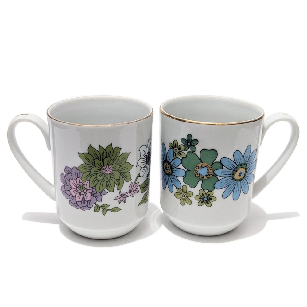 Vintage Creative Japan 70s Floral Coffee Mugs Vintage Porcelain Groovy Flower